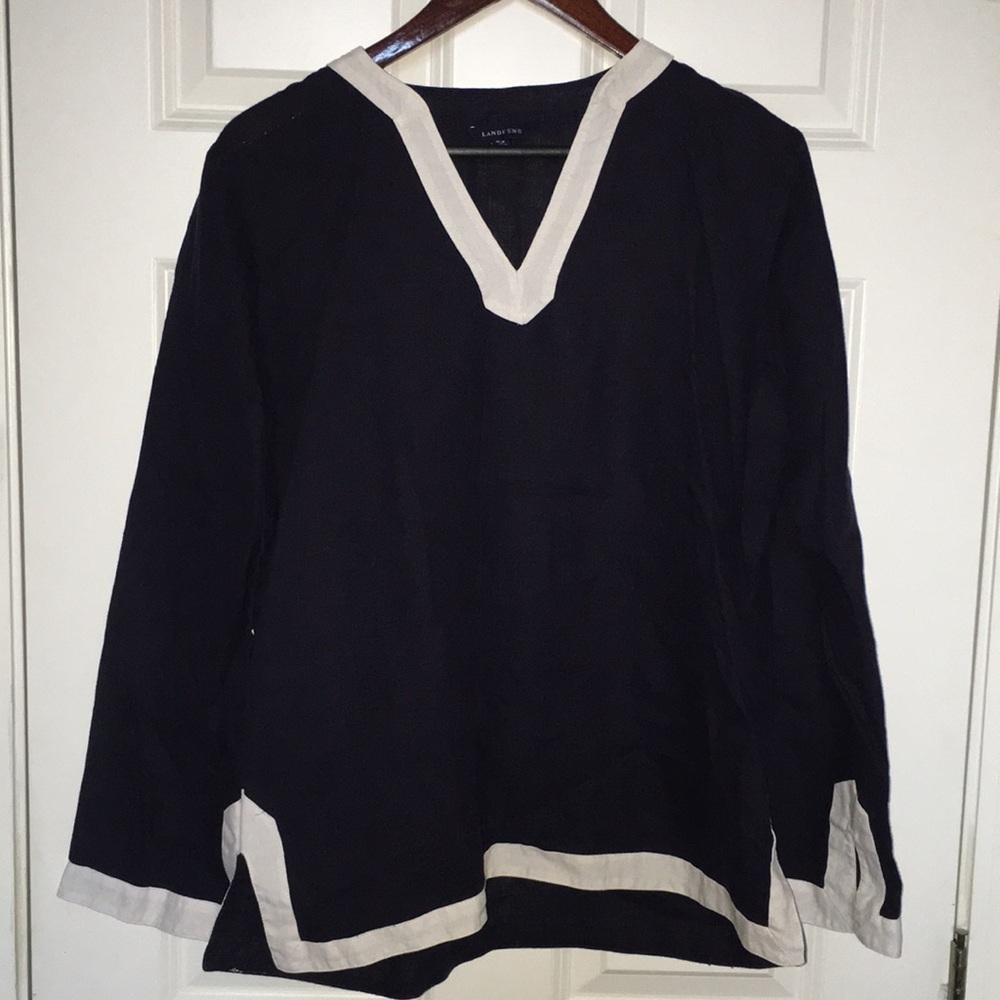 Lands' End Navy Blue 100% Linen Long Sleeve Tunic Top with White Trim | Size L
